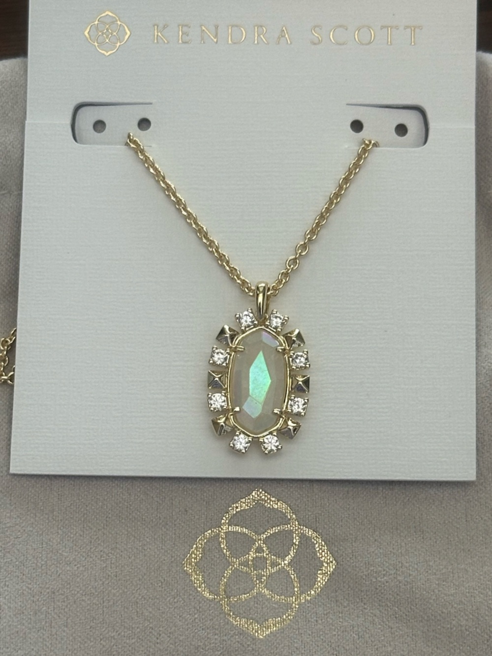 Kendra Scott Gold Opalescent Oval Pendant Necklace with Clear Crystals